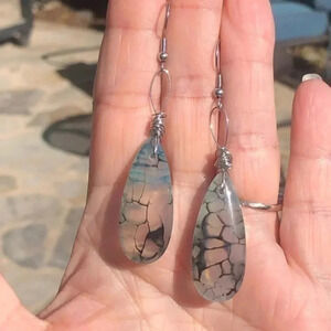 Handmade Teal & Black Teardrop Dragon Vein Stainless Steel Drop Earrings